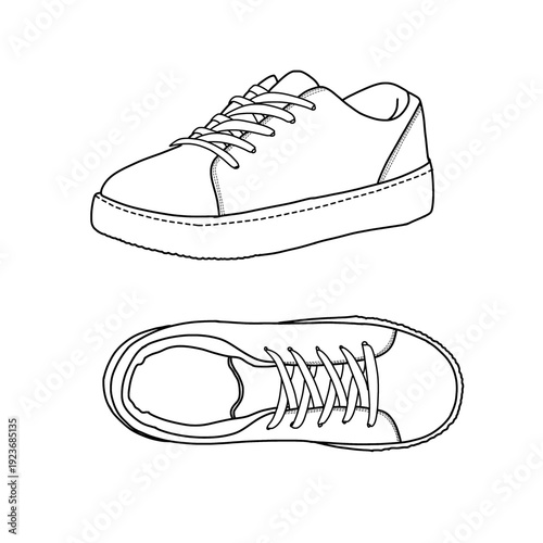 Vector line art drawing showcasing a side and top view of lace-up sneakers.