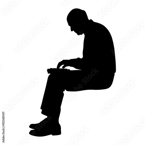 Silhouette of a senior man sitting and typing on a laptop, vector illustration