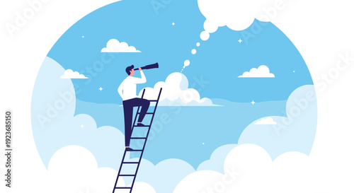 Ambitious businessman climbing a ladder through clouds to look through a telescope at future goals and success opportunities in the sky.