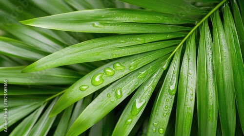 Close-up of vibrant green palm leaves with water droplets