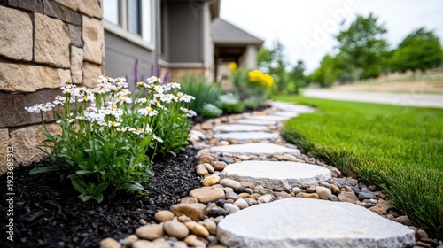 Stone pathway with blossoming flowers and green lawn in suburban garden