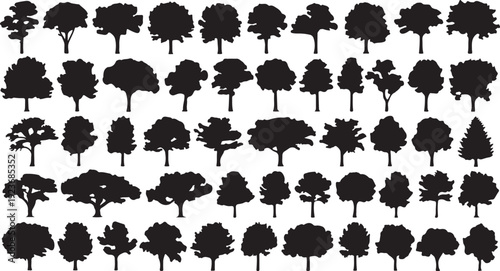 silhouette tree line drawing set, Side view, set of graphics trees elements outline symbol for architecture and landscape design drawing. Vector illustration in stroke fill in white. ...