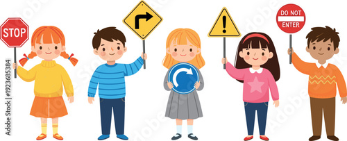 Group of cute diverse children holding various traffic and road safety signs including stop turn and do not enter flat vector illustration isolated