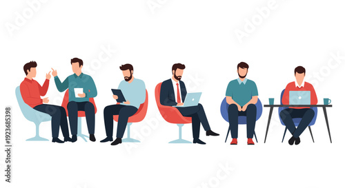 Row of male professionals in business attire engaged in various activities like working on laptops and reading reports in a modern office.