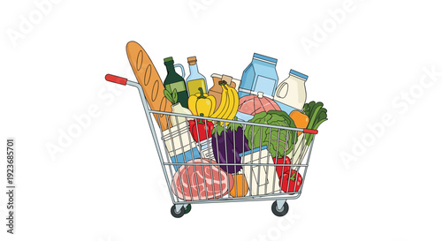 Metal supermarket shopping cart overflowing with a diverse range of fresh groceries like bread, vegetables, milk, meat, and bottled items.