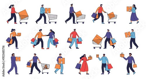 Large collection of diverse people in various shopping poses, including carrying bags, using carts, and holding packages for retail marketing.
