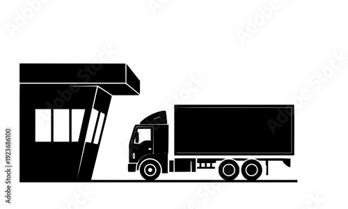 Black silhouette of a cargo delivery truck at a checkpoint booth or loading dock, representing logistics, freight transportation, shipping, and supply chain management in a modern setting.