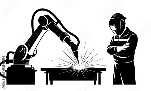  Black and white illustration of an industrial robotic welding arm with sparks and a human worker in a helmet, representing modern automation, manufacturing, and smart factory technology.