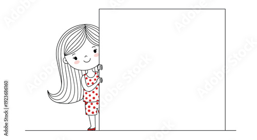 Charming illustration of a young girl with long brown hair peeking out from behind a large blank white rectangular board in a red dress.