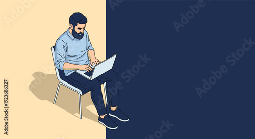 Isometric drawing of a bearded man in a blue shirt sitting on a chair and using a laptop, set against a two-tone minimalist background.
