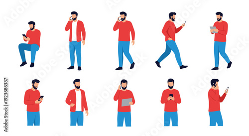Collection of characters featuring a bearded man in a red sweater and blue jeans in different poses like walking and using a smartphone.