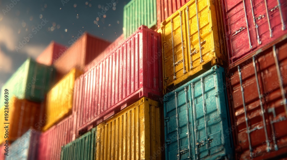 Fototapeta premium The core of trade: majestic shipping containers in port. Magazine cover. Subtle shifts in shipping containers: portraying colorful global logistics. Feature story. Raw beauty.