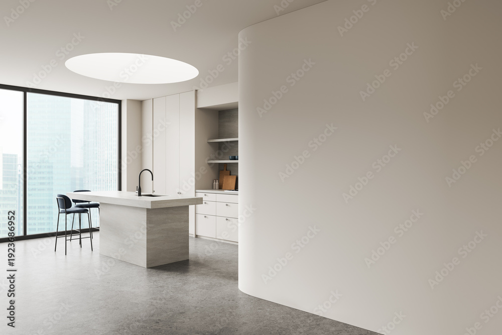 Obraz premium Modern kitchen interior with minimalist design and curved blank wall space for poster or artwork mockup in contemporary apartment setting. 3D Rendering