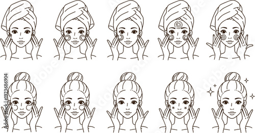 Skincare routine line art vector set showing woman applying face cream, moisturizer, facial massage steps, and skin treatment instructions in bathroom.