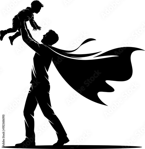 Dynamic Silhouette Vector: Superhero Dad Lifts Son in Joyful Play, Symbolizing Love, Protection, and a Strong Father-Son Bond – Perfect for Parental & Family Themes