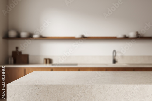 Minimalist stone countertop in modern kitchen interior with blurred background for product display or presentation mockup concept. 3D Rendering