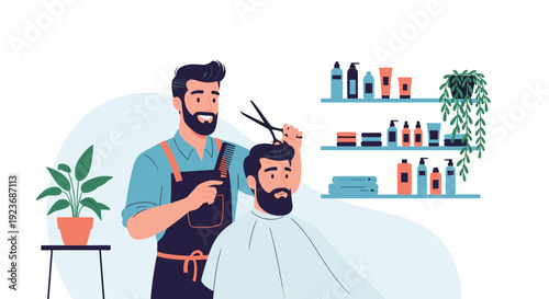Skilled male barber cutting a man's hair in a professional barbershop with shelves of grooming products in a flat vector illustration.