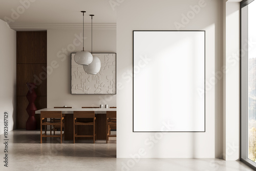 Modern dining room interior with large blank poster mockup on clean white wall, featuring wooden furniture and natural sunlight view through window. 3D Rendering