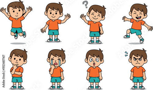 Set of cute boy character showing various emotions and actions including jumping waving thinking crying and angry flat vector illustration isolated