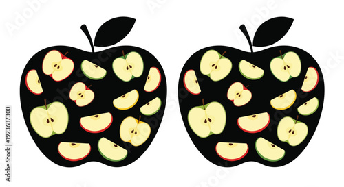 Two stylized apples with bite marks and internal fruit patterns