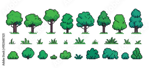 Pixel Forest Set – Retro 8 Bit Video Game UI Elements with Trees, Bushes and Grass Sprite Assets, Background Landscape Objects, Isolated Vector Collection