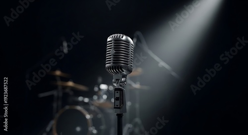 Retro microphone spotlighted on a stage, with a drum set blurred in the background, evoking a sense of live performance and vintage music