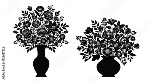 Two black silhouettes of floral arrangements in vases