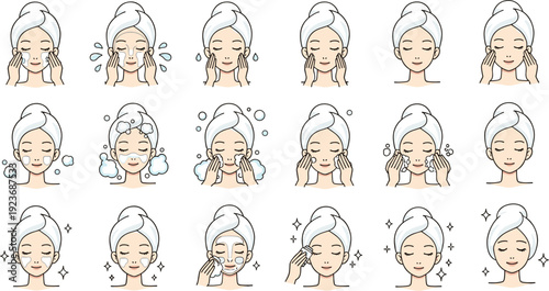 Skincare routine vector illustrations set showing a woman washing face applying cream moisturizing and performing facial massage steps for beauty treatment infographic design.