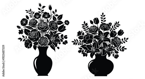 Two black silhouettes of rose bouquets in vases botanical illustration