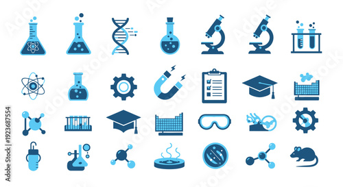 Collection of blue science icons representing chemistry biology and education