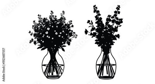 Two floral arrangements in vases depicted in a black and white silhouette style