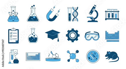 Various science and research icons in a blue monochromatic style