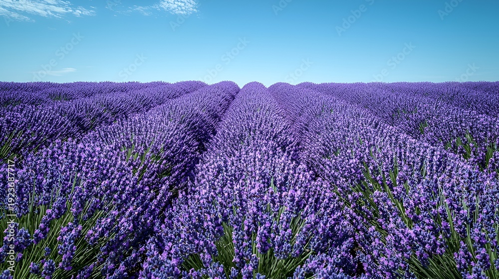 Obraz premium Vibrant purple lavender field under a clear blue sky.