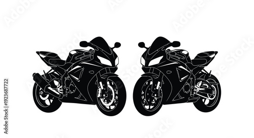 Two black silhouettes of modern sport motorcycles facing each other