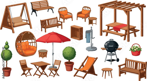 Set of garden furniture and outdoor decor including wooden benches swing pergola patio table and grill isolated vector illustration