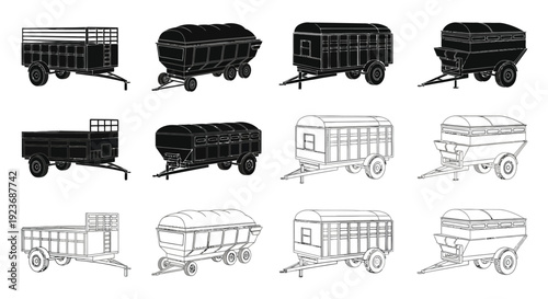 Collection of farm trailers in black and white line drawing style