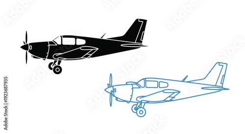 Airplane illustration a solid black version and a blue line drawing