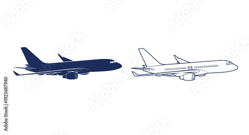 Two airplane depictions a solid silhouette and a line drawing