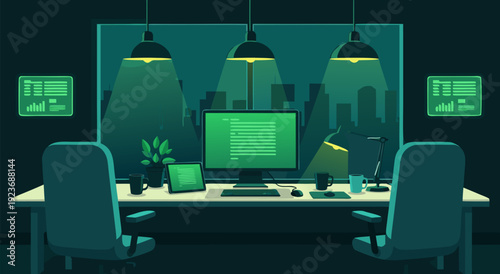 Modern Vector Illustration of Dimly Lit Office Desk with Two Chairs Under Warm Hanging Lamps