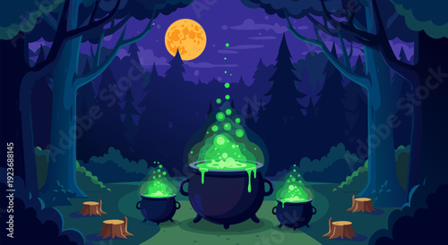 Whimsical Forest Night Bubbling Cauldrons Green Glow Vector Illustration