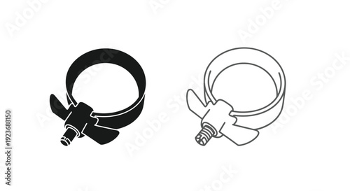 Two depictions of a hose clamp solid black and outlined sketch