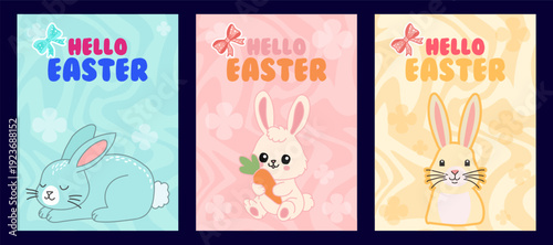 Hello Easter Cute Bunny Card Set Pastel Spring Greeting Cards with Cartoon Rabbits, Carrot, Floral Backgrounds for Holiday Posters, Kids Party Invitations & Seasonal Decor