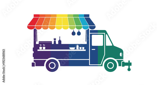 Colorful food truck illustration with a rainbow canopy and visible interior items