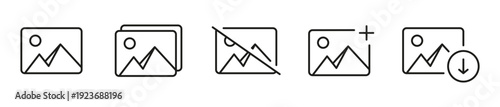 thin line image gallery icon set. Photography, image, add, and media icons collection. Clean picture download symbol illustration