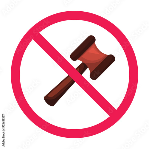 No auction sign, no judge gavel sign, do not use gavel sign, no bidding allowed icon, vector illustration