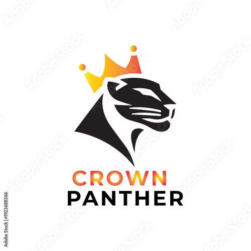 Modern Crown Panther Logo Vector, Black Panther Profile Head with Orange Gradient Crown and Typography Illustration