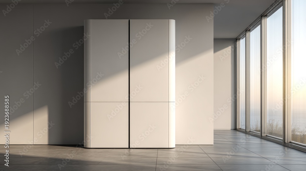 Fototapeta premium Modern minimalist white wardrobe and large window interior design scene