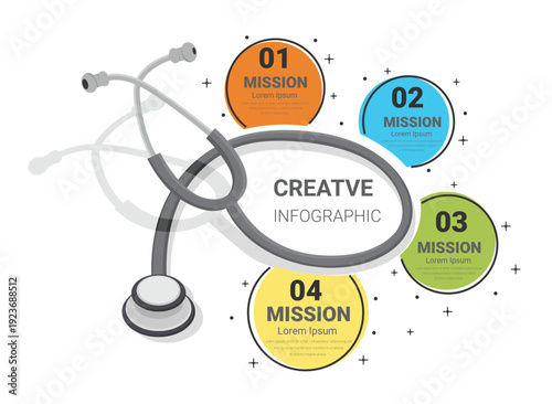Document 492-10Stethoscope Infographic, Medicine and healthcare concept in flat style, Stethoscope patient treatment, ready-to-use syringes, presentation properties, medical properties, Healthy life c