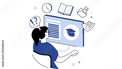 Online Education Concept Vector Illustration with Student Studying on Computer Screen
