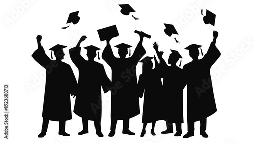 Group of Graduates Throwing Caps Silhouette Celebration Vector Illustration